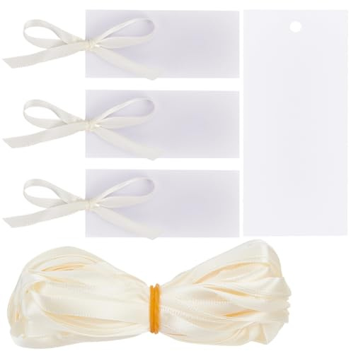 CREATCABIN 50 tarjeta de Lugar con Cinta de Satén de En Blanco para Boda Nombre Asiento Etiquetas de Regalo Colgantes Letreros para Sillas Reservadas para Bodas Cenas Banquetes Fiestas PeachPuff 4x9cm