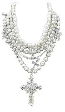 YEAMLTE Perlenkette Kreuzen Damen Rosenkranz Kette Mehrreihige Perle Kreuz Halskette Retro Perlen Necklace Rosenkranzkette für Frauen Kommunion Taufe Halloween Karneval Zubehör