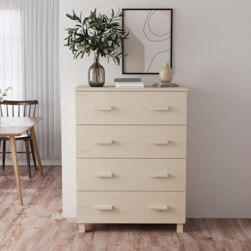 QUAHEAS Skänk HAMAR honungsbrun av massiv furu 79 x 40 x 103,5 cm med 4 lådor, köksbuffé och vardagsrumsskåp, bufféskåp med förvaringsutrymme och trähandtag