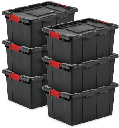 Sterilite 6-Pack Industrial Tote, Plastic Storage Bins with Lids, 15 Gallon, Black - Heavy-Duty Organizing Containers for Closet, Bathroom, and Office