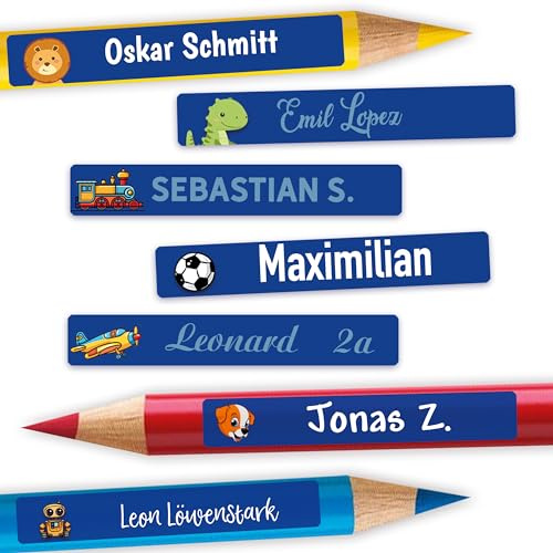 Stifteaufkleber Namensaufkleber Dunkelblau personalisiert Schule Kita Set | Schmale Etiketten mit Wunschname für Buntstifte Federmappe Hefte Lineal Brotdose Trinkflasche Kindergarten spülmaschinenfest