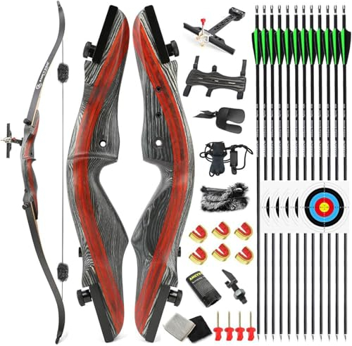 MILAEM 62 ’’ Bogenschießen Takedown Recurve Bogen und Pfeil Set 20-50lbs Holz Riser Langbogen Outdoor Jagdbogen Ziel Übung Rechtshänder (Schwarz, 30lbs)