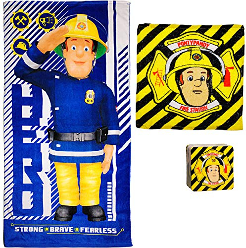 alles-meine.de GmbH 2 TLG, Set: Badetuch/Strandtuch + Waschlappen - Feuerwehrmann Sam - Baumwolle 100% - 70 cm * 140 cm - Frottee/Velours - Handtuch - Jungen Mädchen - 70x14..