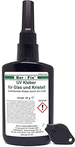 Ber-Fix Pegamento UV con lámpara Set de pegamento para vidrio y cristal metal 50 g Gel 2500 mPas compensa también pequeñas irregularidades con lámpara UV pequeña