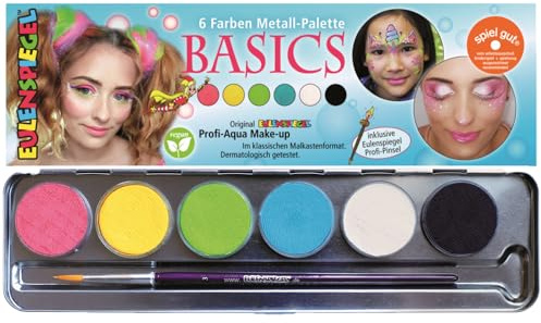 Eulenspiegel 206218 - Schminkpalette Basics, 6 Farben, 1 Pinsel, Schminkset vegan, Kinderschminke, Karneval, Theater [Exklusiv bei Amazon]