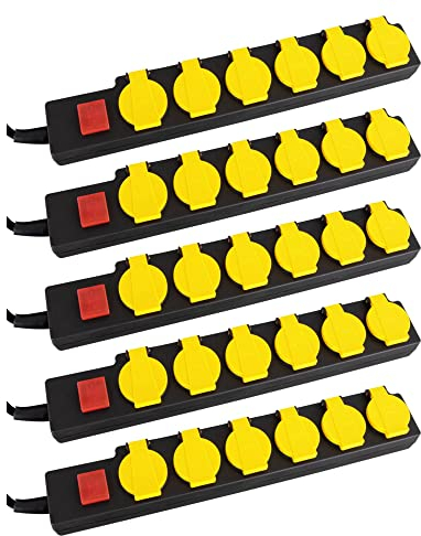 5x Stagecaptain OPSS-6 YE Regleta Exterior de 6 Tomas en Set - 230 V / 16 A - Protegida contra cuerpos extraños y salpicaduras según IP44 - Ideal para Jardín y Bricolaje - Con Interruptor y Tapas