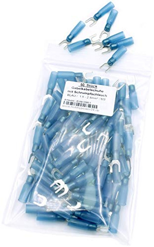 50 capicorda forcella, colore blu, 1,5 – 2,5 mm², diametro foro M3 AWG 16 – 14, con tubo termoretraibile e colla interna, morsetto di collegamento, capicorda per cavi, capicorda forcella in rame