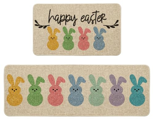 Artoid Mode Happy Easter Rabbits Decorative Kitchen Mats Set of 2, Home Seasonal Spring Easter Holiday Holiday Party Low-Profile Floor Mat - 17x29 and 17x47 Inch