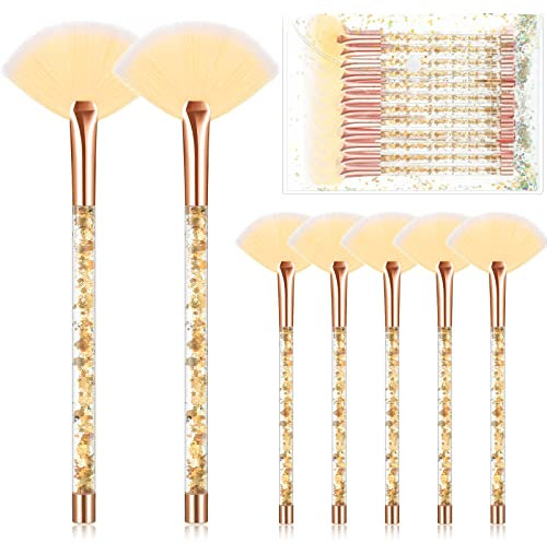 Nuenen 12 Pcs Soft Fan Facial Brushes Mask Acid Applicator Brush for Mud Cream Blush Makeup Peel Glycolic Multi Use Cosmetic Tools with Glitter Quicksand Handle and Pouch(Gold)