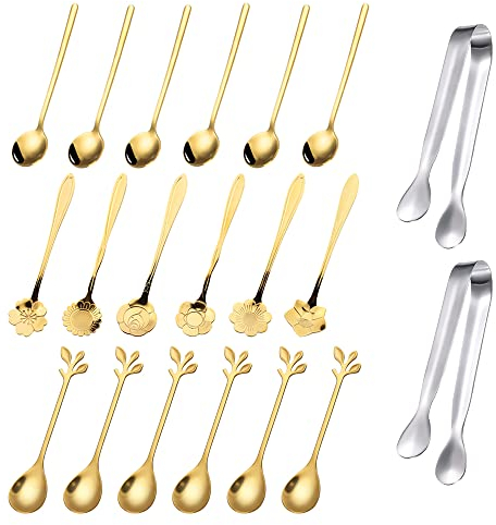 Set di 20 cucchiai da fiori in acciaio inossidabile, cucchiaini da tè creativi con foglie carine con mini pinze da zucchero, cucchiaio da tavola per dolci da dessert per gelato, mescolare bevande