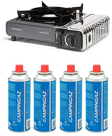 Campingaz – Camp Bistro 3 – Tragbarer Gaskocher mit 4 Gaskartuschen CP250 für Camping Party Outdoor – Edelstahlgrau