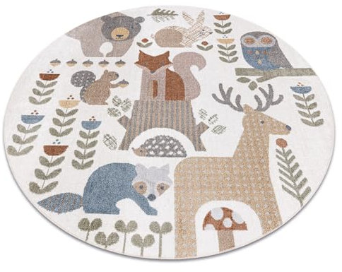 rugsx Teppich BONO 8425 Teppich Kurzflor, Kinderteppich, Wohnzimmer, Jugendzimmer, Kinderzimmer, Schlafzimmer, Waldtiere Creme/Braun Kreis 100 cm