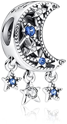 Alstiva Stern & Mondsichel Charm 925 Sterling Silber 5A Zirkonia Charm Anhänger für Armband Charm Bead Pendant für Europäische Armbänder Halsketten Schmuck Geschenk für Damen Frauen