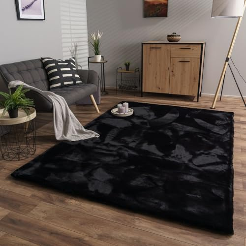 TT Home Salon Tapis Poils Longs Shaggy Fausse Fourrure De Lapin Doux, Couleur: Noir, Dimension:60x100 cm