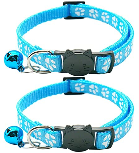 Hepplly 2-Pack Katzenhalsbänder Quick Release Reflective Kitten Halsband mit Glocke (Hellblau)