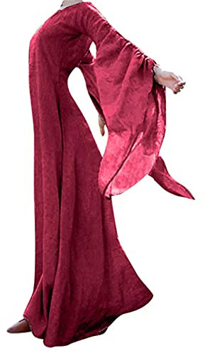 AMDOLE Baumwollkleider für Damen, Gothic-Kleid, Retro, einfarbig, lange Ärmel, Ballkleid, langes Maxikleid, Herbst, Winter, lockeres Kleid, Surplice-Kleider, rot, S