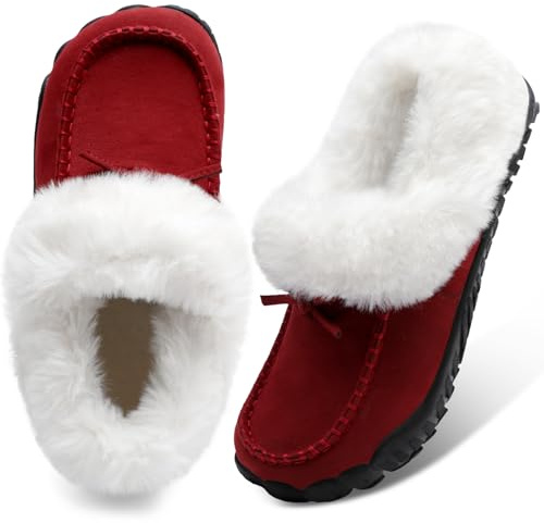BARERUN Fuzzy House Slippers for Women Indoor Closed Lightweight Cozy Faux Furry Lining Barefoot House Shoes Slipper for Bedroom Home Office Yoga Outdoor Walking Shoes Red Women Size 8
