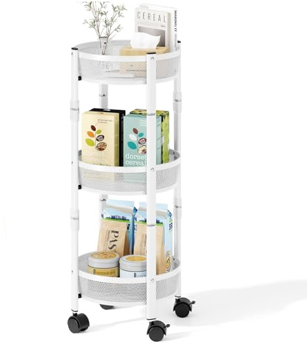 TOOLF 3-Tier Foldable Rolling Cart, Collapsible Metal Utility Cart with Wheels, No Assemble, Multifunction Storage Organizer Trolley for Kitchen, Bathroom, Dorm, Nursery, White