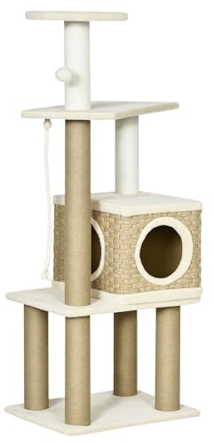 PawHut Arbre à Chat Arbre à Grimper griffoir pour Chat Hauteur 128 cm Style Cosy Chic Niche Plateformes Jeux Boule Suspendue Peluche Courte Beige