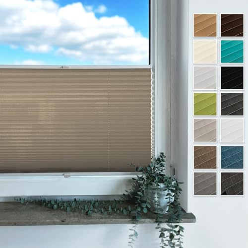 Rollmayer Plissee mit Bohren, Plisseerollo Faltrollo Sichtschutz und Sonnenschutz für Fenster und Tür Premiumqualität Falte für Zuhause, 3 Kollektionen(Vigo Beige,B80cm x H100cm)