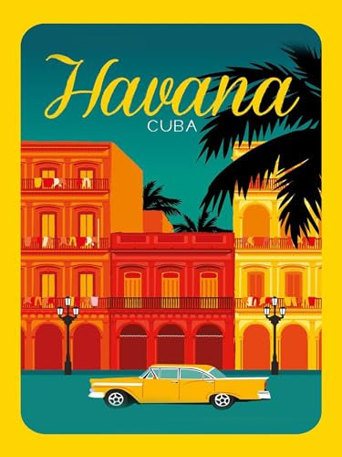 Ontrada Blechschild 30x40cm gewölbt Havana Cuba Zeichnung gelbes Auto Schild