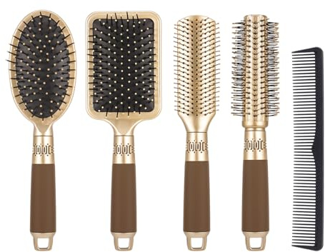 5 Pcs Hair Brush Set,Anti-Static Detangling Kit with Oval,Round,Vent & Paddle Brush for Scalp Massage at Home for Women & Men,Gold