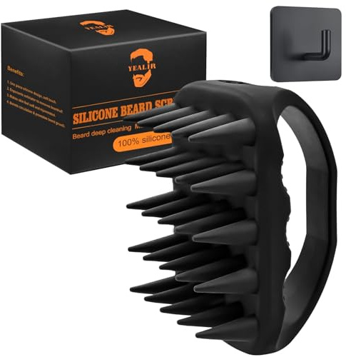 YEALIR Beard Scrubber & Hook - Silicone Beard Brush for Deep Cleaning and Exfoliation, Helps Reduce Dandruff & Itching, Non-Slip Handle & Soft Durable Longer Bristles