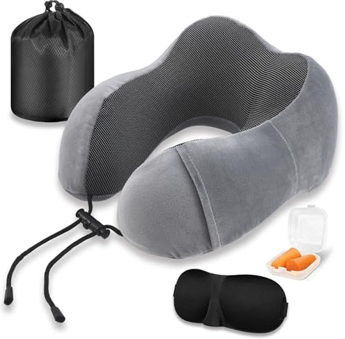 Reisekissen, Nackenkissen Flugzeug, Reisekissen Memory Foam, Nackenkissen Reise mit Schlafmaske, Ohrstöpsel, Tasche, Ideal für Reisen, Flugzeug, Auto, Büro