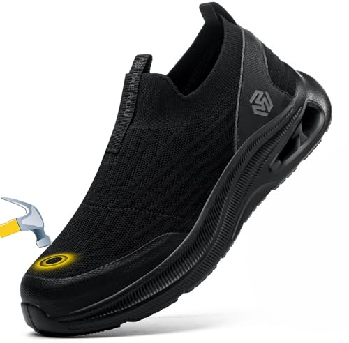 Steel Toe Shoes Men Lightweight Comfortable Work Shoes Slip On Safety Shoe Walking Sneakers Puncture Proof Loafers,All Black,Size 9