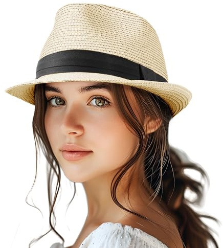 Straw Fedora Hat for Women Men Packable Short Brim Roll Up Trilby Hat Adjustable Panama Summer Beach Sun Hat UPF 50+ S/M Natural