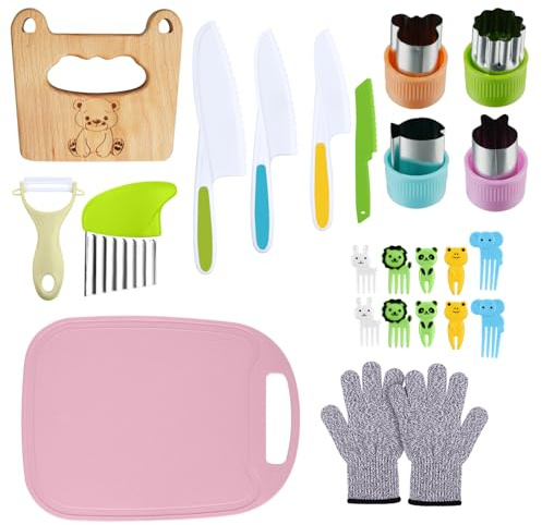 Vicloon 24 Pcs Kitchen Safety Knives for Kids, 4 Sizes Kids Knife for Chopping, Plastic Kitchen Knife Set with Potato Slicer, Y Peeler, Chopping Board, Gloves, for Vegetables, Salad, Fruits