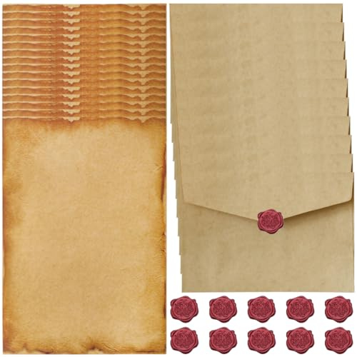 Vintage Briefpapier mit Umschlag Set, Set Vintage Schreiben mit 10 Vintage-papier Umschläge, 16 Briefpapier Vintage A5 und 10 Wachssiegel-aufkleber, Briefpapier Alt für Hochzeits Einladung Grußkarten