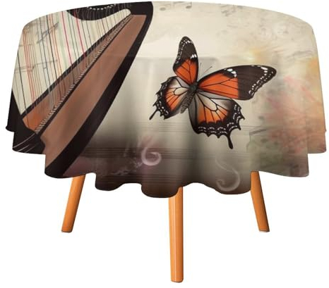 Runde Tischdecke, wasserdicht und schmutzabweisend, Motiv: Musikhintergrund mit Harfe und Schmetterling, 152,4 x 152,4 cm, waschbar, Bauernhaus-Esstischabdeckung für Küche, Esstisch, Dekoration