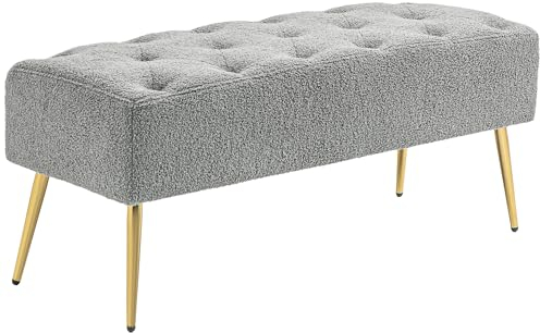 HOMCOM Sitzbank Polsterbank mit Lammwolle-Optik, Knopfheftung, Bettbank mit Stahlbeine, Schuhbank für Schlafzimmer, Wohnzimmer, Flur, 112 x 41 x 46 cm, Grau