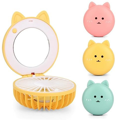 TOGEVAL Ultra-silent Usb Charging Mini Fan with Makeup Mirror Portable Folding Electric Fan for Office and Home Speed Led Light Compact Design Quiet