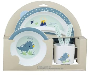 Sterntaler Set di stoviglie Dino Rexi – stoviglie per bambini e bambini con base antiscivolo su piatto, tazza e tazza – robuste stoviglie per bambini e bambini in materiale alimentare, blu