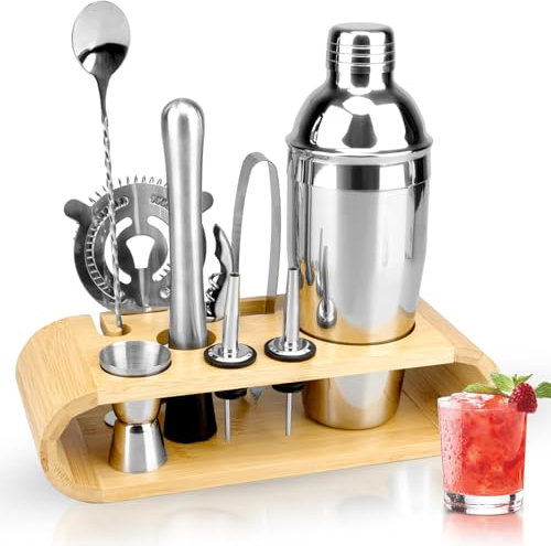 TonJin 10 Piece Bartender Kit with Bamboo Stand, 750ml/25oz Cocktail Shaker Set for Mixed Drink, Professional Stainless Steel Bar Set with All Essential Accessory Tools,Gift for Man Dad Friend