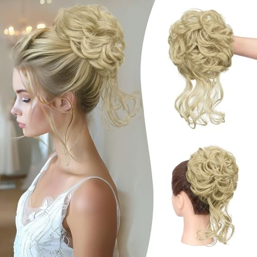 Sofeiyan Haarteil mit Gummiband Gelockt Dutt Haarteil Mit Haaren Hochsteckfrisuren Synthetisch Messy Bun Haar Tousled Updo Haarteile für Damen, Helle Aschblond