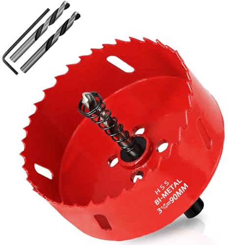 KACNON Seghe a Tazza Bi-Metallica 90 mm, M42 HSS Sega A Tazza Trapano, con Adattatore Esagonale e Punta di Centraggio, per Forare Plastica, PVC, Legno, Fibra di Legno, Metallo Dolce, Rosso