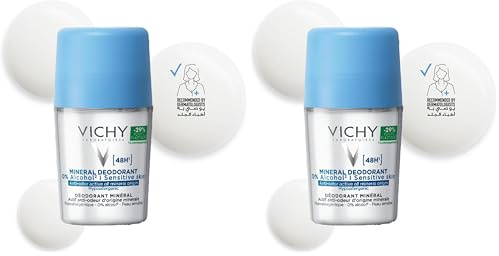 Vichy, Déodorant Roll-On, Efficacité Longue Durée 48 H, Formule Minérale Sans Alcool, Actifs Anti-Odeur d'Origine Naturelle, Adapté aux Peaux Sensibles, 50 ml (Lot de 2)