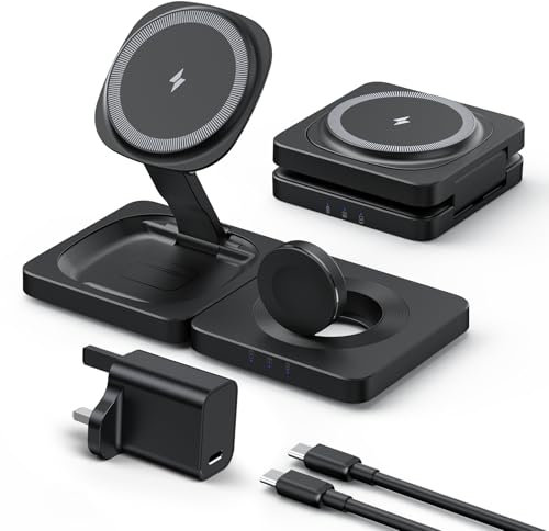 3 in 1 Wireless Charger - ADADPU MagSafe Charging Stand (20W Power Adapter Included) Max 15W Output, Foldable Travel Charger Station for iphone 17/16/15/14/13/Apple