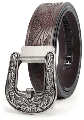 BELTROAD Herrbälte med spärrhake westernbälte i läder cowboybälten för män med automatiskt västernspänne för jeans julklappar, Silverspänne – kaffe (38 mm), for Wasit 40-45