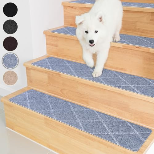 Homwiz Treppenstufen Matten, 55x19cm, Antirutsch Stufenmatten, Grau | 15 Stück, Ohne Kleben, Rutschfest ,Waschbar Treppen Teppich, Wiederverwendbar Treppenteppich Innen für Haustiere Senioren