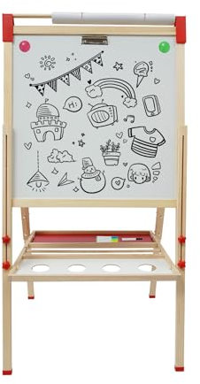 Tafel Kinder Staffelei Holz,kindertafel Doppelseitige Kreidetafel und Whiteboard Set Höhenverstellbar Maltafel mit Papierrolle Spieltafel Standtafel mit Zubehör für Kinder und Kleinkinder