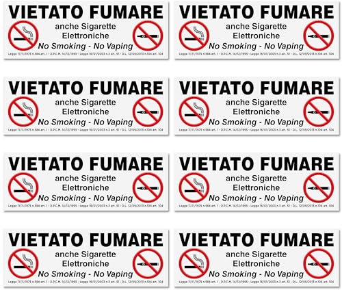 8 Adesivi VIETATO FUMARE formato cm 15x5 | No Smoking - No Vaping | Divieto di Fumo anche Sigarette Elettroniche | Con Normativa | Per Interno ed Esterno | 8 pz