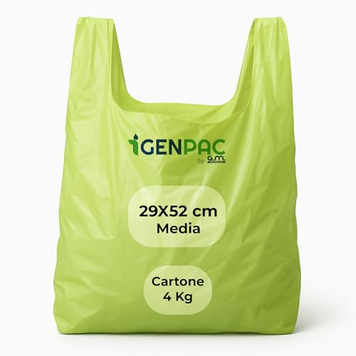 G.M. DISTRIBUZIONE 4 Kg Buste Spesa, Misura 29x52 cm, Biodegradabili Verdi con Manico, Circa 250 Pezzi, Shopper Compostabili per Alimenti, Sacchetti Extra Resistenti (MISURA MEDIA)