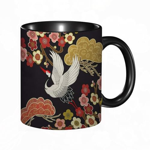 reyawdf Taza Original Personalizada, Grulla Japonesa Asiática Oriental Garza Ave Colorida Rama F,330ml, Cerámica, Regalo Creativo para Café, Té, Regalo de Cumpleaños y Navidad - Apta para Lavavajillas