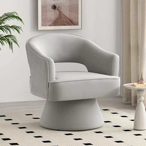 SEYNAR Mid-Century Modern Drehbarer Kuscheltonnen-Akzentsessel, 360-Grad-Drehbarer Runde Sessel, Gepolsterter Vanity-Stuhl, Gestreifter Samtsessel für Wohnzimmer, Schlafzimmer, Arbeitszimmer (Grau)