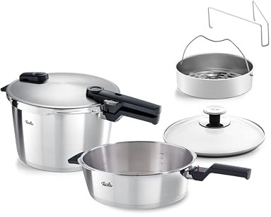 Fissler Vitaquick Premium - Juego de 2 ollas a presión (26 cm de diámetro, olla a presión de 8 l + sartén a presión de 4 litros) con inserto, tapa de cristal adicional, 2 niveles de cocción, fabricado