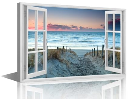 TISHIRON Seascape Canvas Wall Art 3D Window View Paintings Beach Scene Prints on Canvas Coastal Modern Artwork Pictures for Living Room Bedroom Wall Decor Framed Ready to Hang, 36x24in